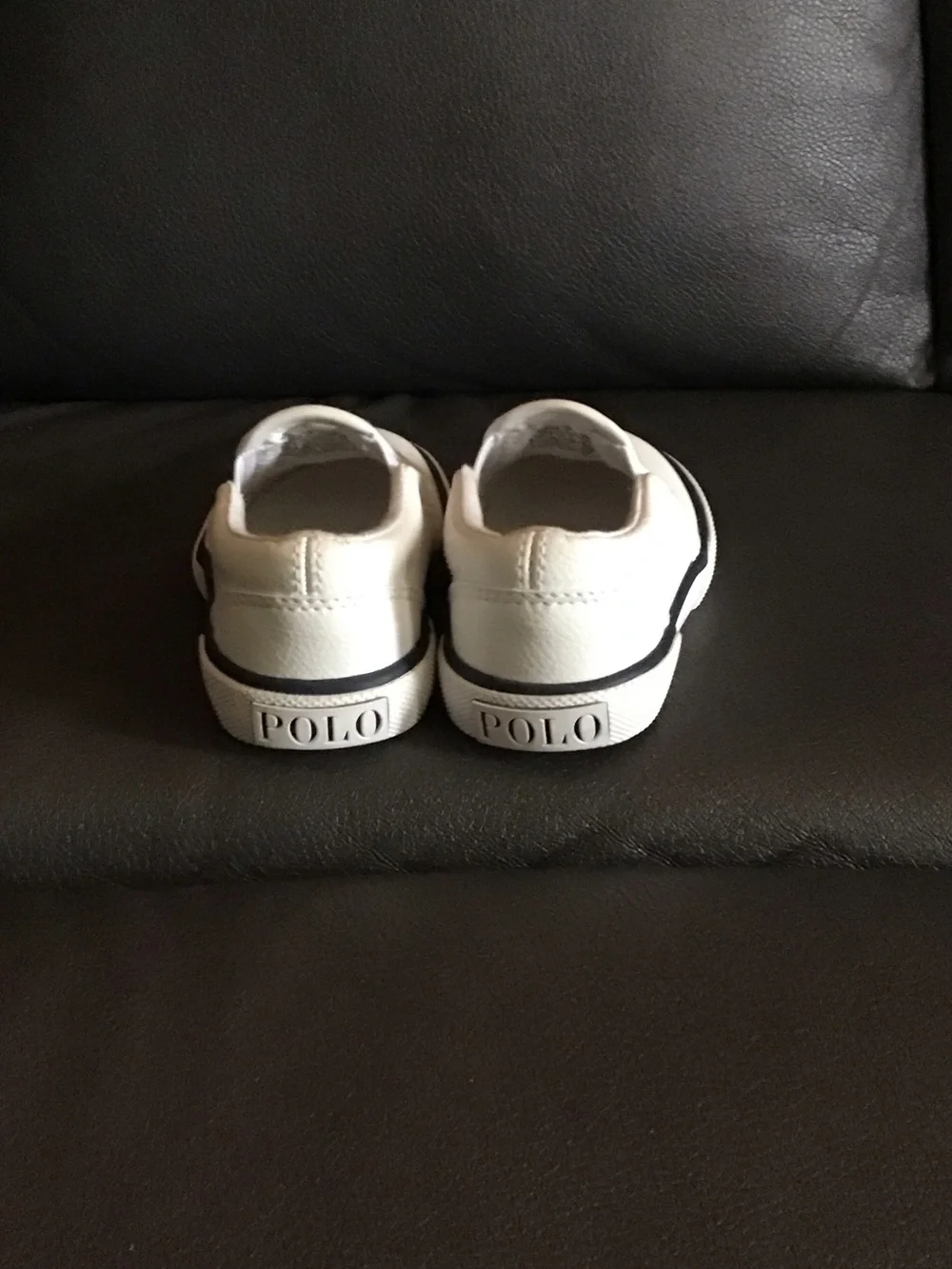 Ralph Lauren White Slip-On Sneakers with Navy Trim and Embroidered Pony